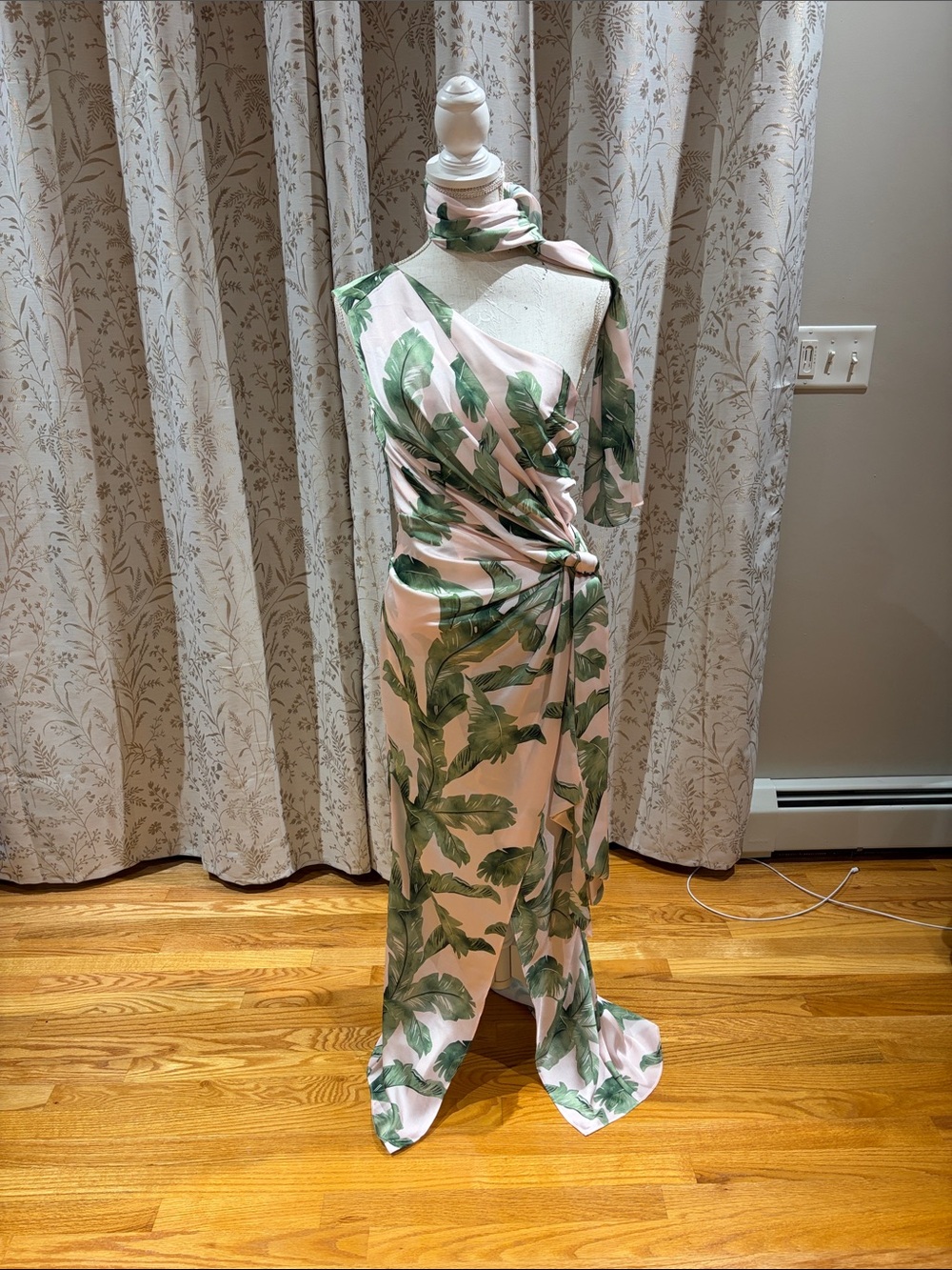 Green Leaf-Print Blush Pink Gown Dress - size 6